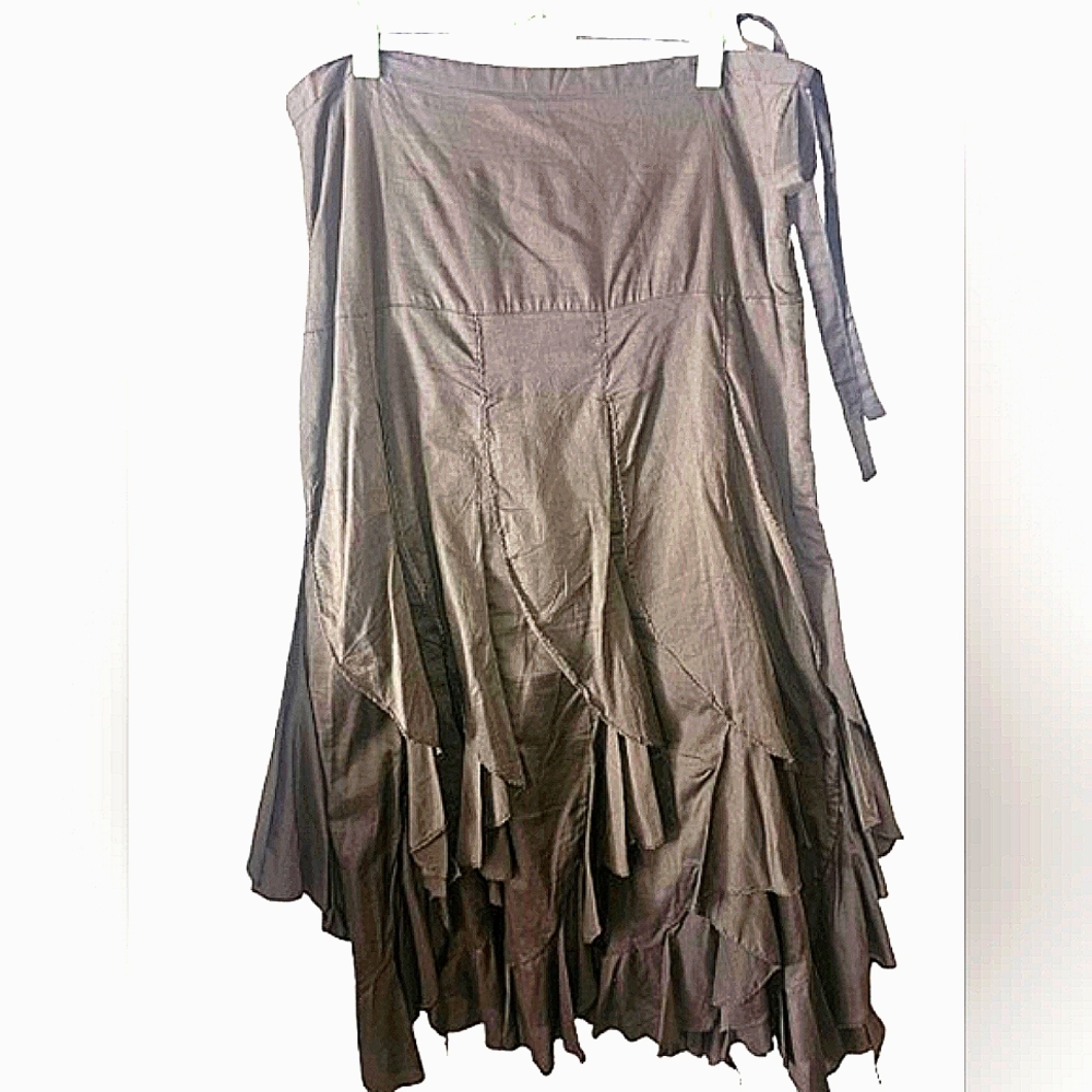 DIMRI Khaki Green Asymmetrical Ruffled Midi Skirt L